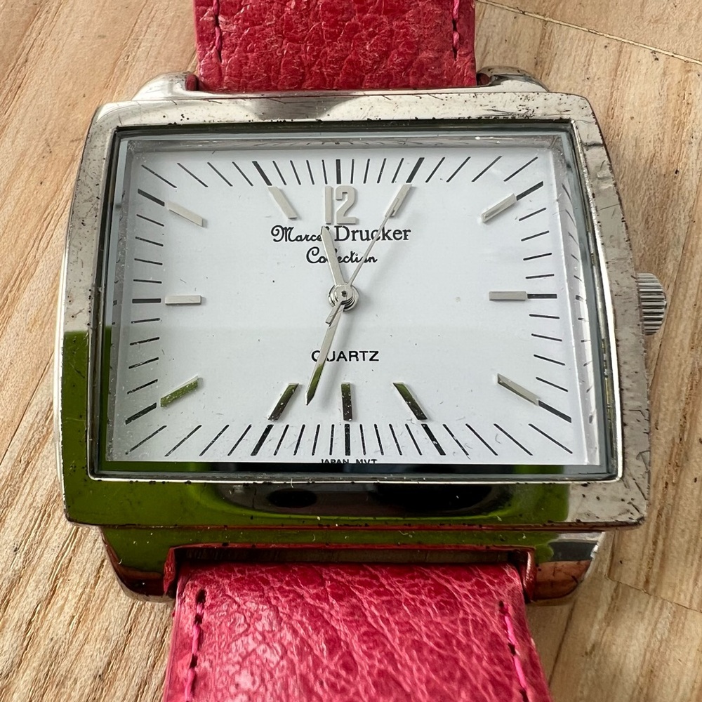 Marcel Drucker ladies rectangular silver tone red leather watch NEW BATTERY